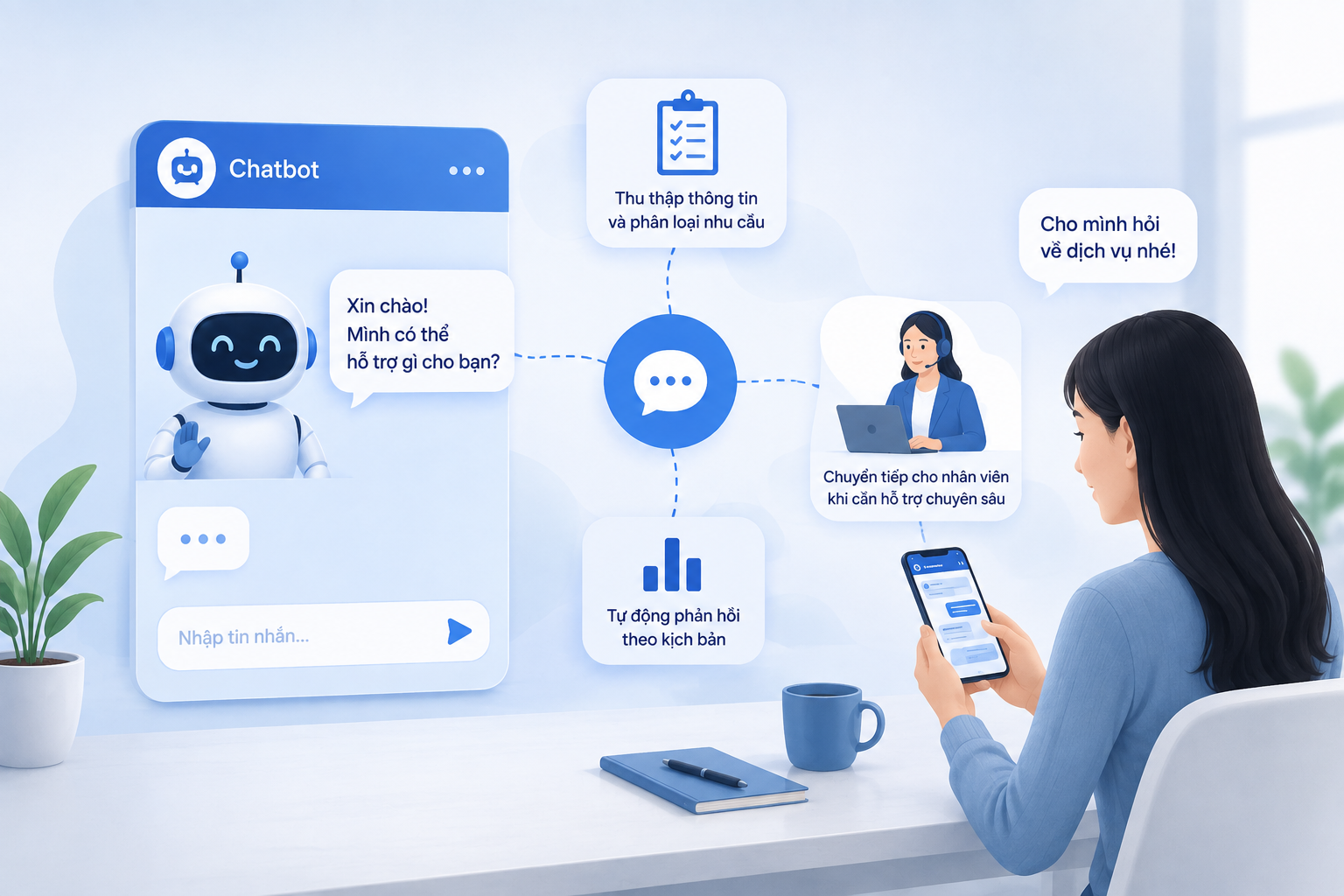 Chatbot hỗ trợ tự động chăm sóc khách hàng và chuyển tiếp cho nhân viên khi cần